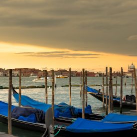 Amazing view of Grand Canal at sunset with San Giorgio Maggiore church. San Marco, Venice, Italy, Europe. Beauty world. Retro style. Instagram toning effect.